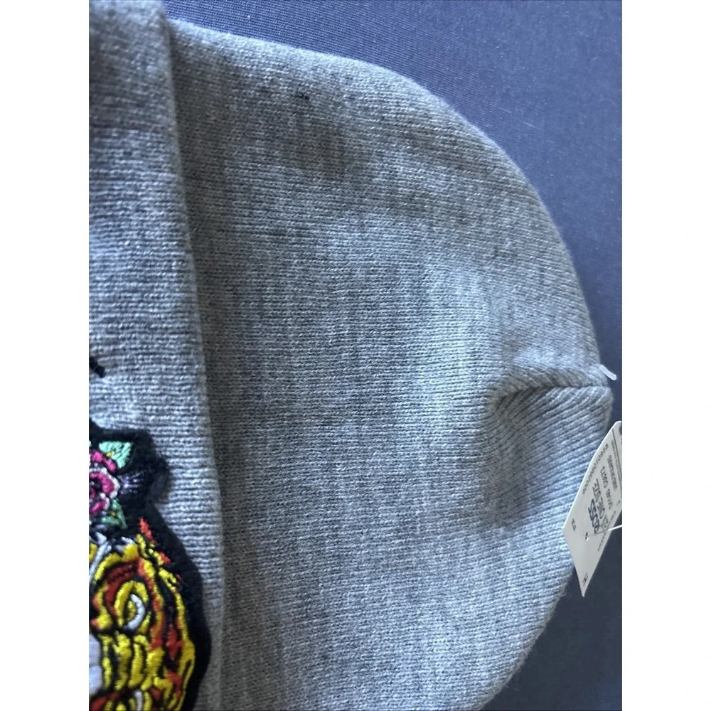 Ed Hardy Tiger Beanie Hat Big Graphic Embroidered Knitted Unisex Grey Gray‎ New
